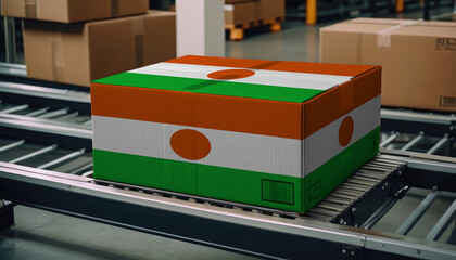 A package adorned with the Niger flag moves along the conveyor belt, embodying the concept of seamless delivery, efficient logistics, and streamlined customs procedures - obrazy, fototapety, plakaty