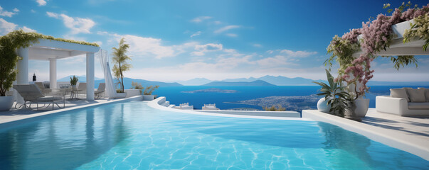 Obraz na płótnie Canvas Luxury pool with breathtaking view, beautiful panoramic landscape, generated ai 