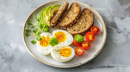 Top view of a healthy and balanced breakfast consisting of boiled eggs, avocado, cherry tomatoes and slices of wholemeal bread, arranged on a plate or platter on dark background