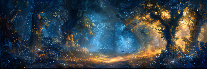 Enchanted forest path illuminated by mystic light. Digital fantasy artwork for storytelling and game background design - obrazy, fototapety, plakaty