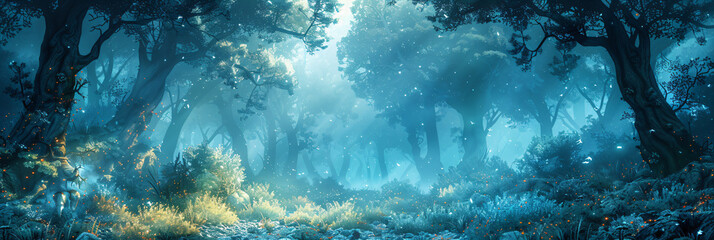 Magical woodland glade with ethereal glow. Mystical landscape illustration for book cover and concept art - obrazy, fototapety, plakaty