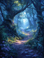 Magical woodland glade with ethereal glow. Mystical landscape illustration for book cover and concept art