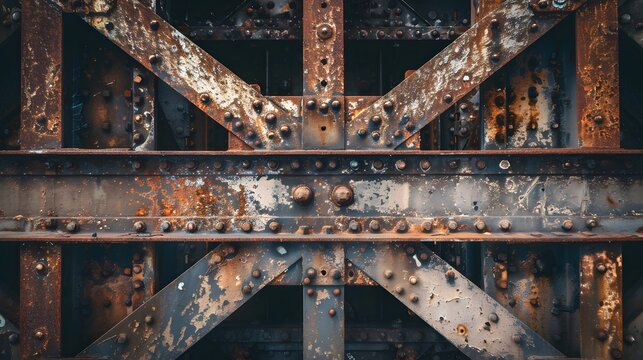 Top view of metal structures such as beams, posts or bridges that have become rusty and worn out over time
