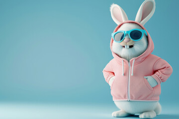 white easter bunny wearing pink hoodie and blue sunglasses with laughing face on blue background
