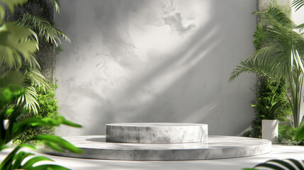 Minimalist Presentation Podium with Tropical Plants in a Sunlit Modern Gallery. Copy space. Generative AI			