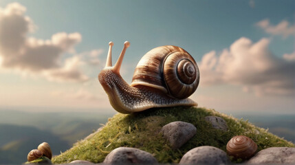A snail with a house on top of a hill, as a symbol of persistence and perseverance.