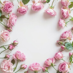 Fototapeta na wymiar White background with cute pink roses frame