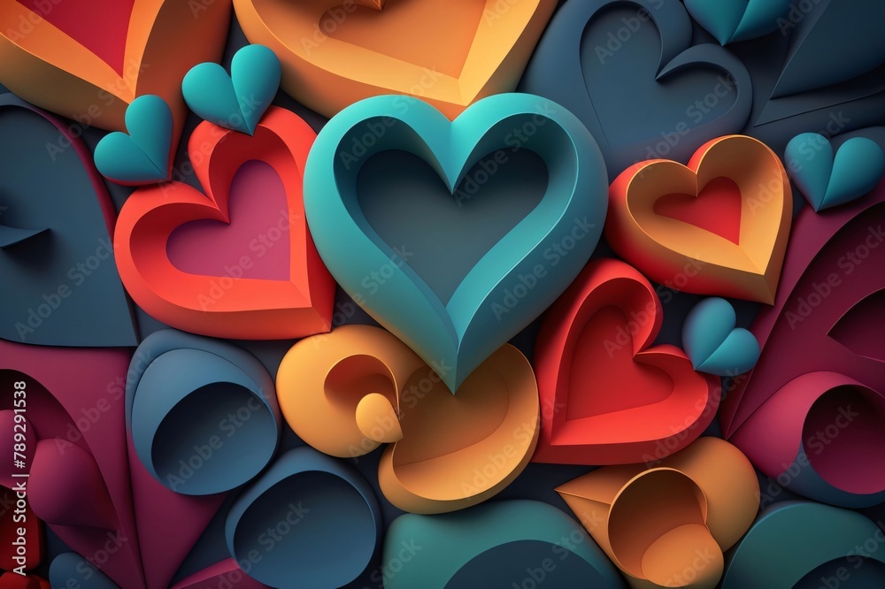 Wall mural Colorful hearts background. 3d illustration. Valentine's day concept