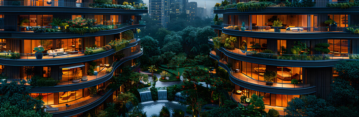 Modern environmental residential city district with green trees and garden on balcony. Green...