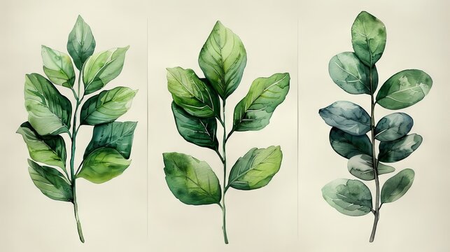 Vintage style foliage wall art template with green watercolor texture and leaf branching. It is well suited for decoration of walls, interiors, wallpaper and banners.