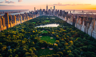 Sundown Serenity in the City: Aerial View of Central Park's Green Oasis Amidst Urban Skyscrapers - obrazy, fototapety, plakaty