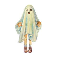 Ghost, watercolor. Boy in a sheet suit. Hand drawn illustration in vintage style isolated on white background. For Halloween cards, invitations, banners, covers.