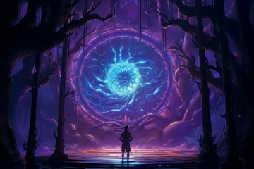 Man Standing in Front of Purple and Blue Vortex