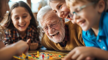 Fototapeta premium Closeup of joyful faces, young and old, clustered around a board game, sharing a moment of fun and unity