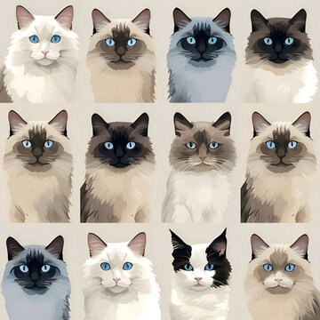 Set of different cats with different color eyes. Vector cartoon illustration.