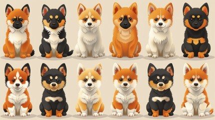 Fototapeta premium A cute modern set of cute little dogs in different poses with flat colors. Set of funny pet animals isolated on a white background in different poses.