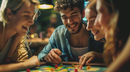 Happy group of friends and family engaged in a lively board game, smiles and laughter illuminating the scene