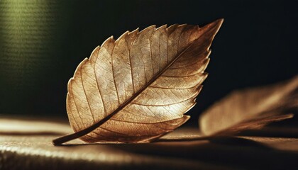 a close up of a leaf on a table in the dark