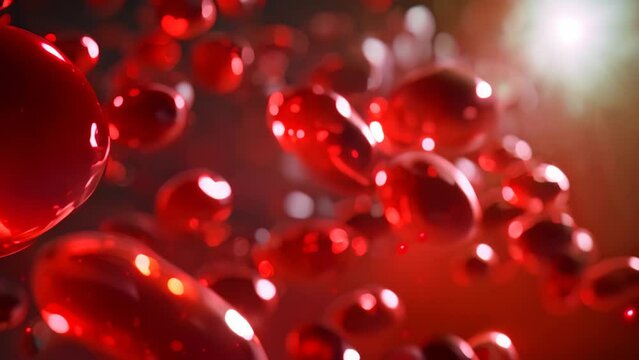 A multitude of red blood cells suspended in mid-air, creating a vibrant and dynamic composition, Nanocapsules releasing medication in the body