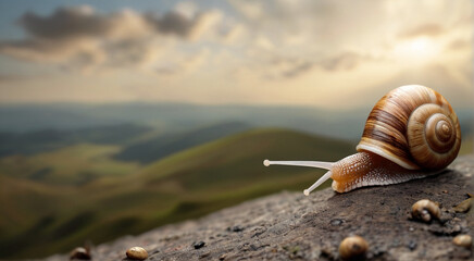 A snail with a house on top of a hill, as a symbol of persistence and perseverance. - Powered by Adobe