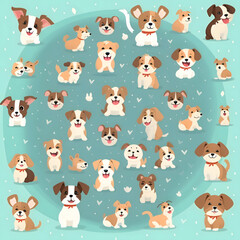 Vector illustration of a set of cute cartoon dogs in different poses.