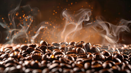 Fragrant roasted coffee beans with thin streams of smoke, sparks and fire on a dark background