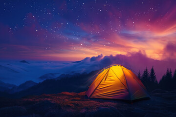 camping tent illuminated in the style of the light inside at night on top of mountain with beautiful colorful sky and stars. camping tent under milky way galaxy with stars on a night sky background