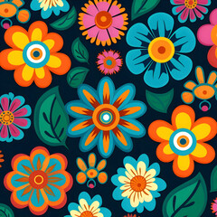Fototapeta na wymiar Seamless pattern with colorful flowers on dark background. Vector illustration.