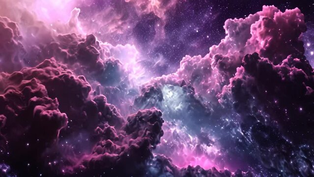 An Video of a vibrant space scene with stars and clouds filling the night sky, Neon colored interstellar cloud creating a sci-fi space scenery