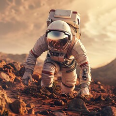 astronaut on the mars ground, mars surface, mars mission,