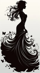 Beautiful woman silhouette with butterflies around