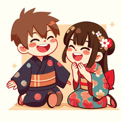 Illustration of happy children wearing traditional Japanese costumes