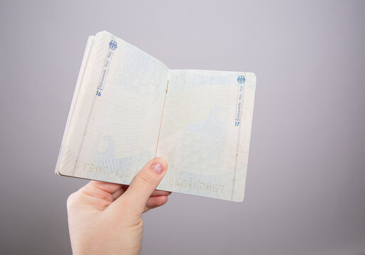 Close up of a female hand holding an open German passport