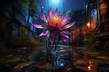 Painting of a Purple Flower in a Puddle of Water