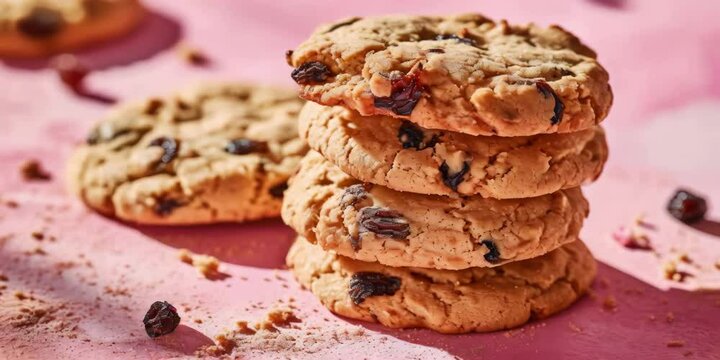 A stack of cookies with raisins on top