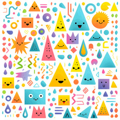 Cute seamless pattern with funny kawaii faces. Vector illustration.