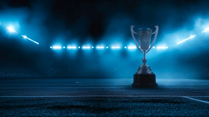champion's trophy on a stadium field under spotlight glow. Copy space.
