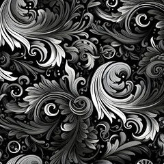 Seamless black and white floral pattern with swirls and curls
