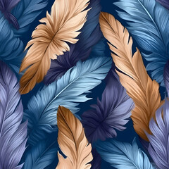 Seamless pattern with colorful feathers on blue background. Vector illustration.