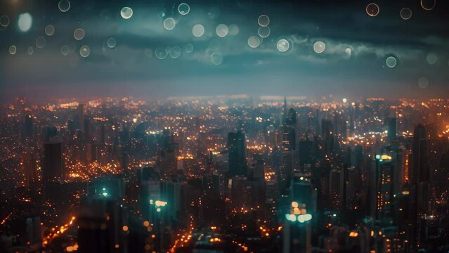 This photo captures the illuminated cityscape at night as seen from the vantage point of a tall building, Panoramic view of a cityscape bursting with lights after dark