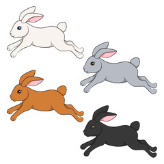 Set of colored illustrations with cute jumping bunny. Isolated vector objects on white background.