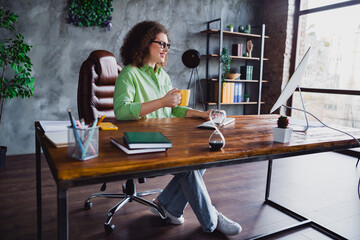 Photo of charming lovely successful woman enjoying morning tasty coffee relax rest sitting at table...