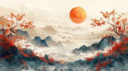 The sun and cherry blossom wall art and Ocean and wave wall art are Western and Oriental styles in this wallpaper design. Modern illustration in the oriental style.