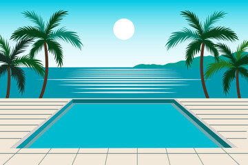 Beach pool. Swimming pool against the backdrop of a paradise beach with tropical palm trees against the backdrop of the ocean, mountains and sun. Sea holiday vector illustration for poster or design.