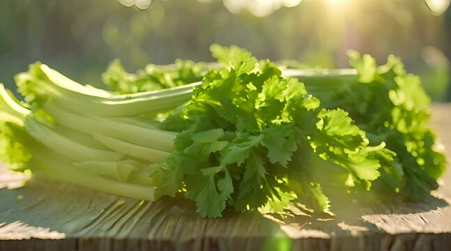 Close-Up Cinematic Fresh Celery with Morning Farm