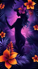 Beautiful woman silhouette with tropical flowers around