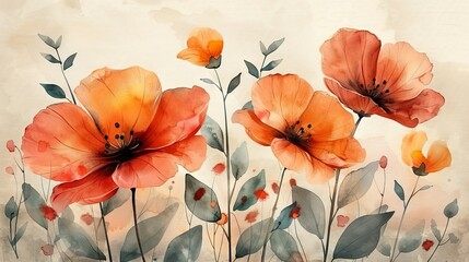 Abstract art background with orange and pink floral bouquets, wildflowers, and leaves for wall decor, poster, and wallpaper.