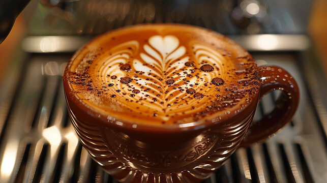 Wide background photo of beautiful brown color cappuccino coffee cup on a rustic finished wooden table and chocolate powder around
