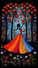 Beautiful woman silhouette with flowers around