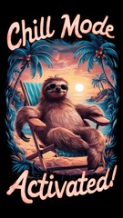 A vivid and amusing t-shirt design featuring a laid-back sloth in sunglasses, lounging effortlessly on a beach chair.